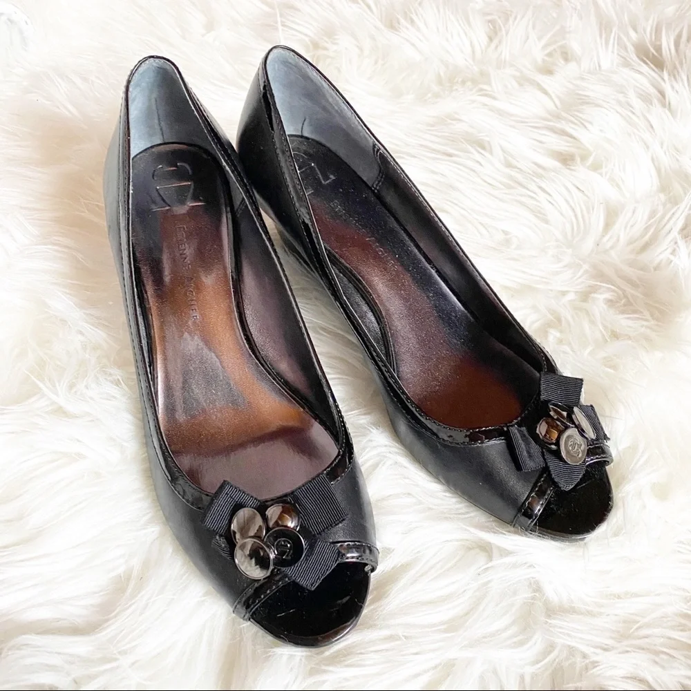 Etienne Aigner Black Peep Toe Patent Wedges SZ 8.5